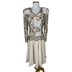Vintage 80s Sequin Beaded Silk Floral Evening Cocktail Dress Formal Party Midi 6